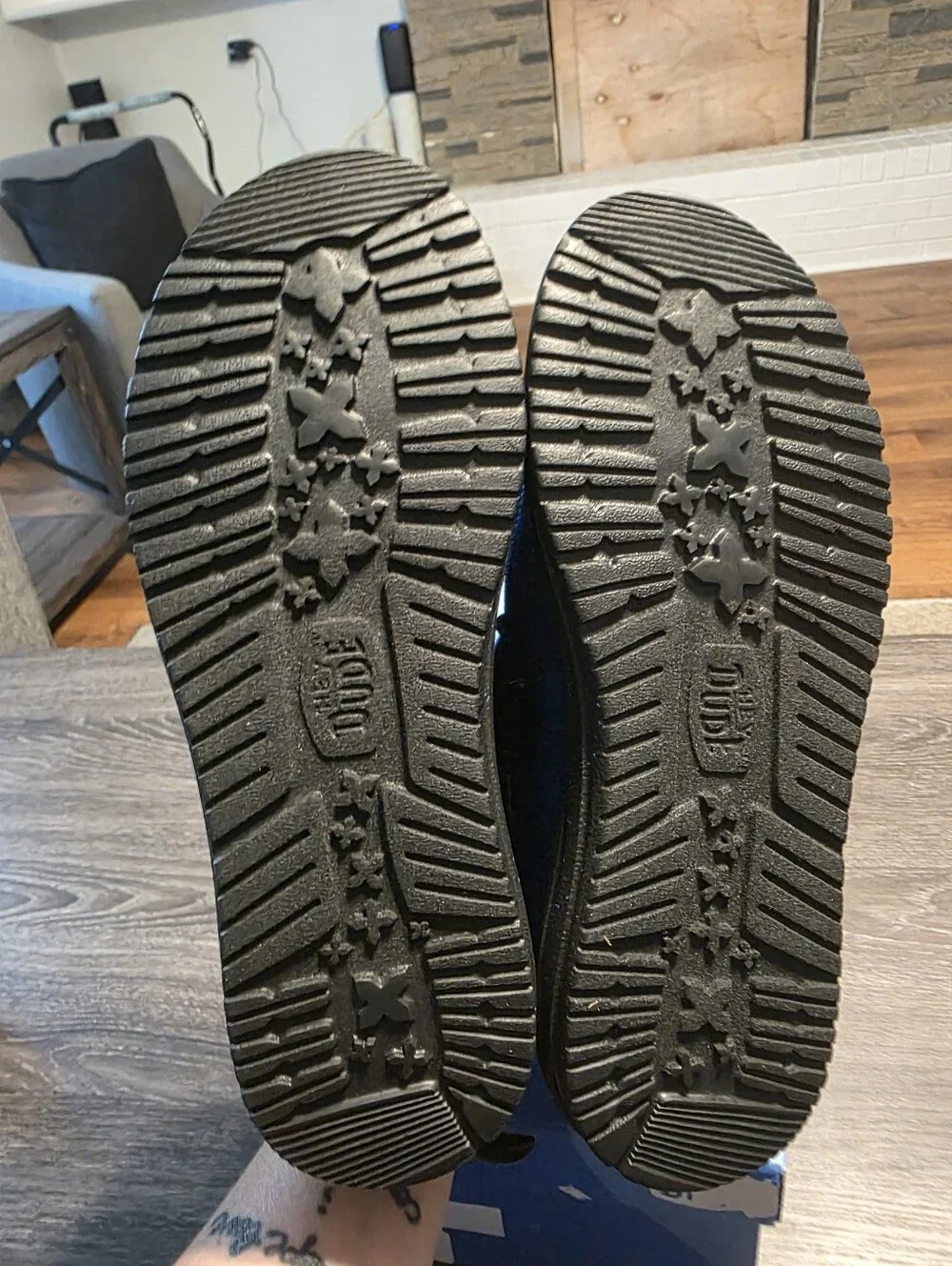 Hey Dude Men's Blue Casual Moccasin Shoes With Black Soles And Logo.